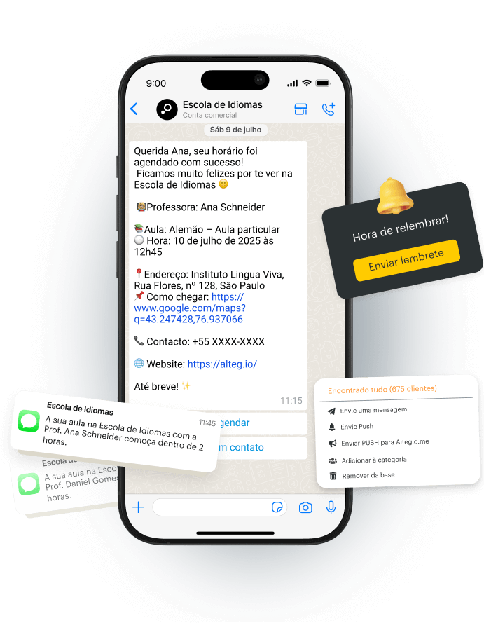 Chat interface showing appointment details for a language class with reminders.